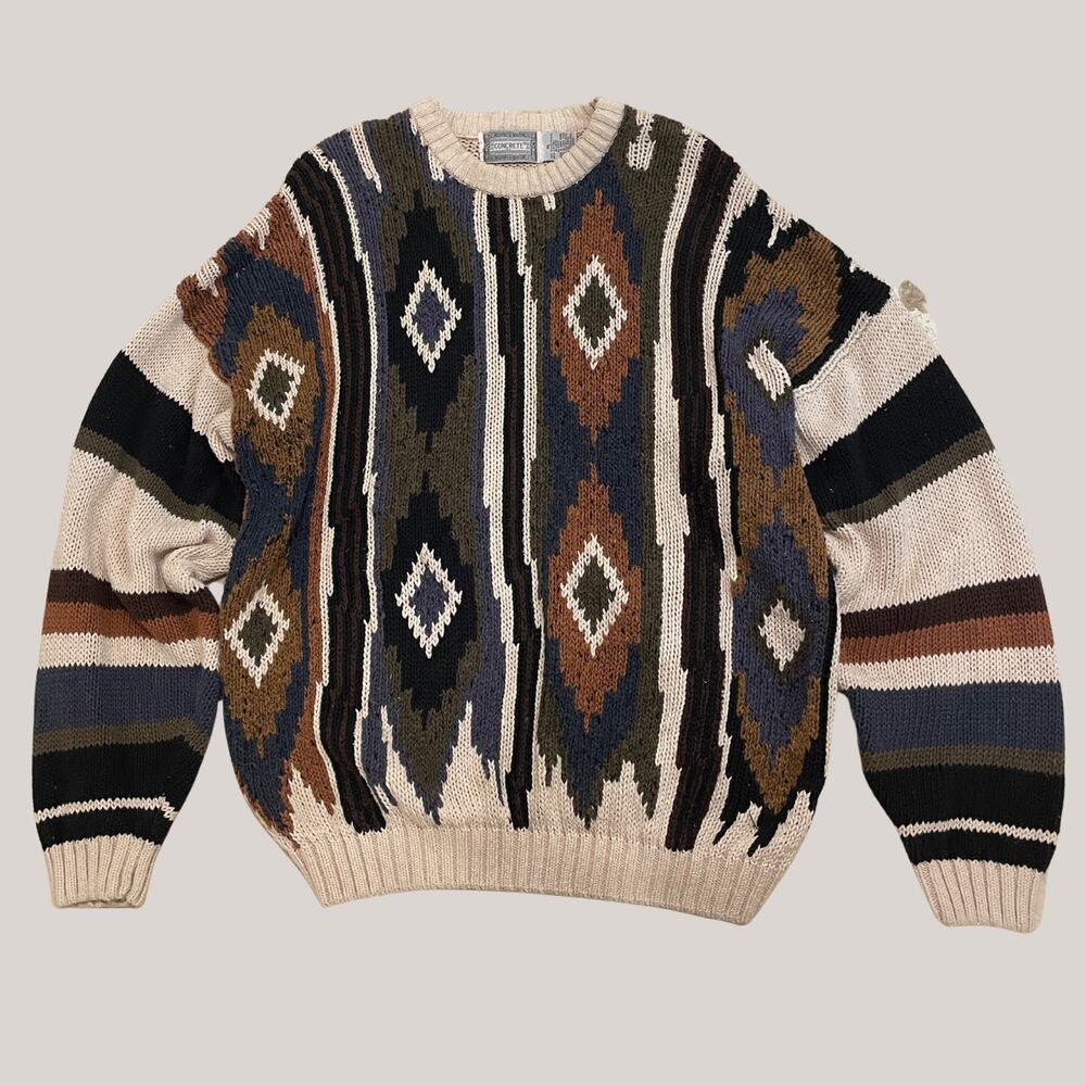 Vintage 90s Concrete XL Aztec Ramie Sweater | Coogi Style Knit
